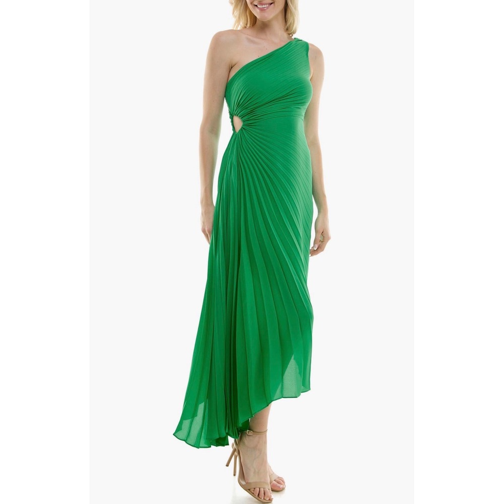 Nicole Miller Green One Shoulder Pleated Asymmetrical Midi Dress Size 10 NWT